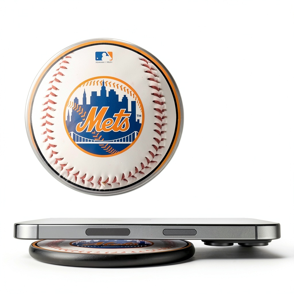 New York Mets wireless charging pad on a desk with team logo visible