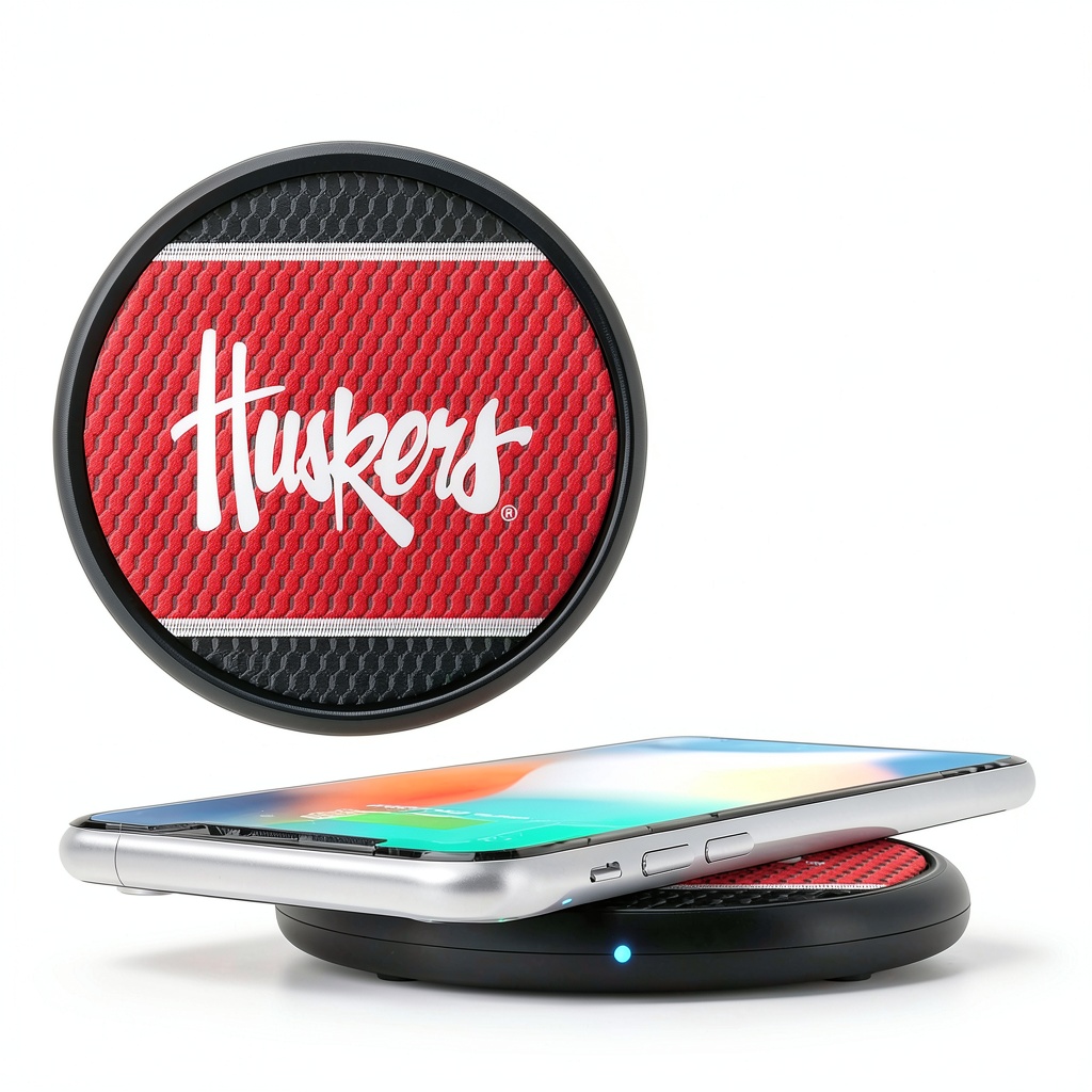 Nebraska Huskers Wireless Charging Pad on a desk with a smartphone charging