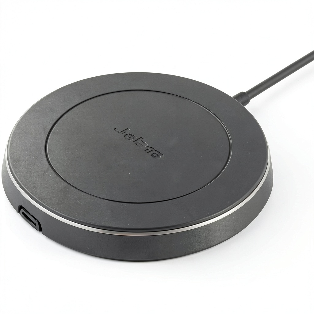 Installing Jabra Evolve2 65 Flex Wireless Charging Pad USB Input on a wooden desk