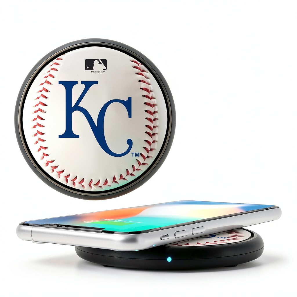Kansas City Royals wireless charging pad on a desk with a smartphone