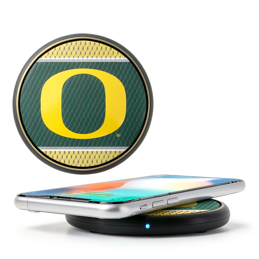 Oregon Ducks Wireless Charging Pad on a desk with a smartphone charging