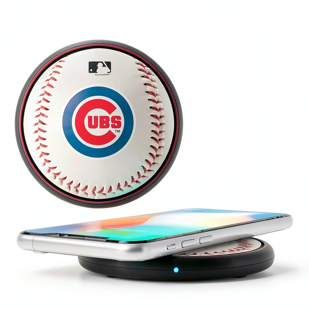 Chicago Cubs Wireless Charging Pad on a desk with a smartphone charging