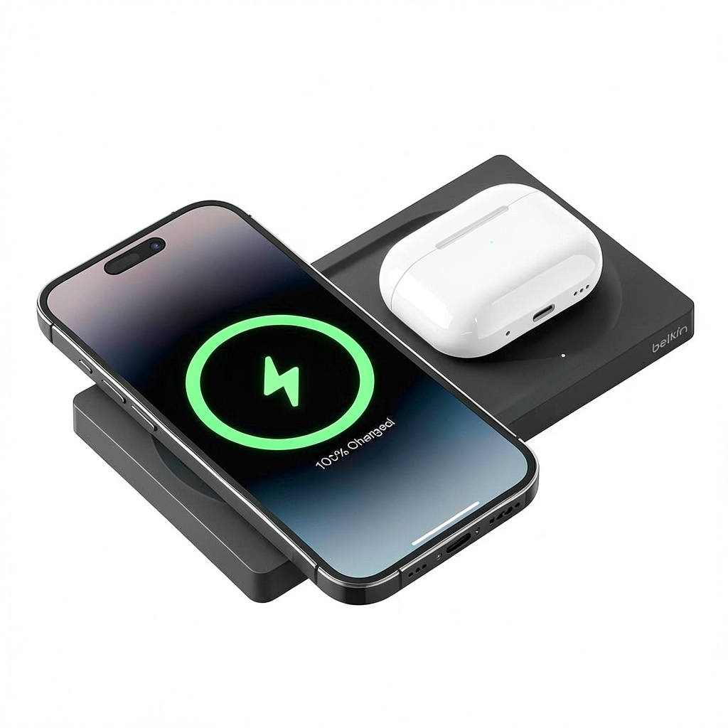 BoostCharge Pro 2-in-1 Wireless Charging Pad on a desk with iPhone and AirPods