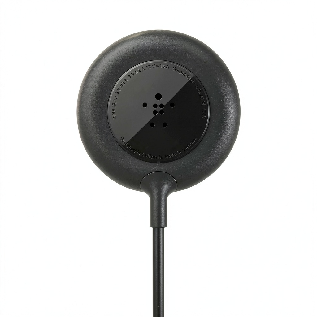 Magnetic Portable Wireless Charger Pad attached to an iPhone on a desk
