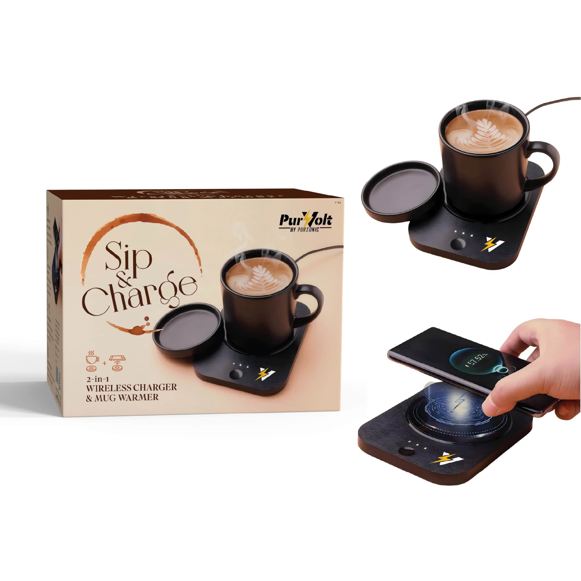 Sip & Charge 2-in-1 device warming a mug and charging a smartphone on a desk