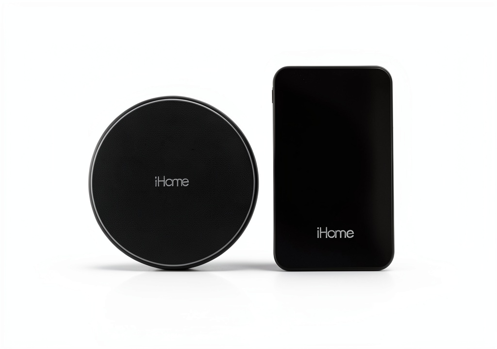 iHome Rainbow 2-in-1 Charging Bundle showing wireless pad and power bank in use on a desk