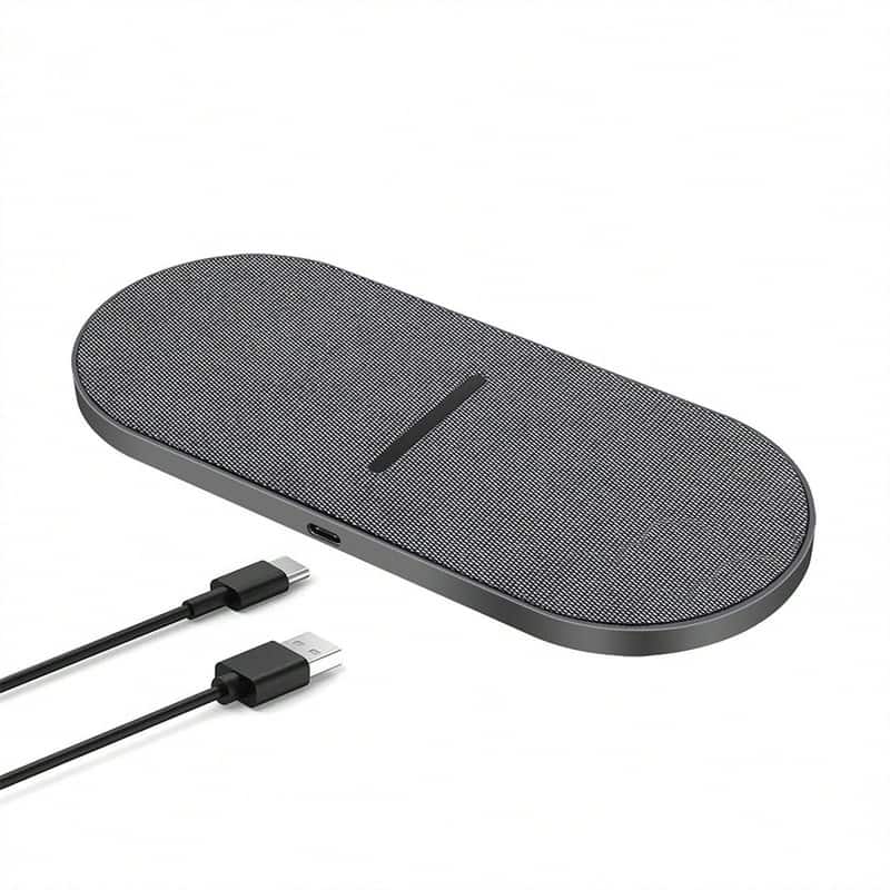 Wireless charging pad with iPhone and AirPods placed on it