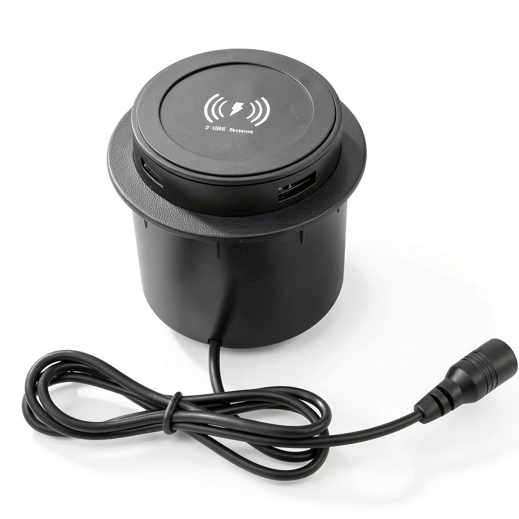 Pavo wireless charger installed flush in a wooden desk