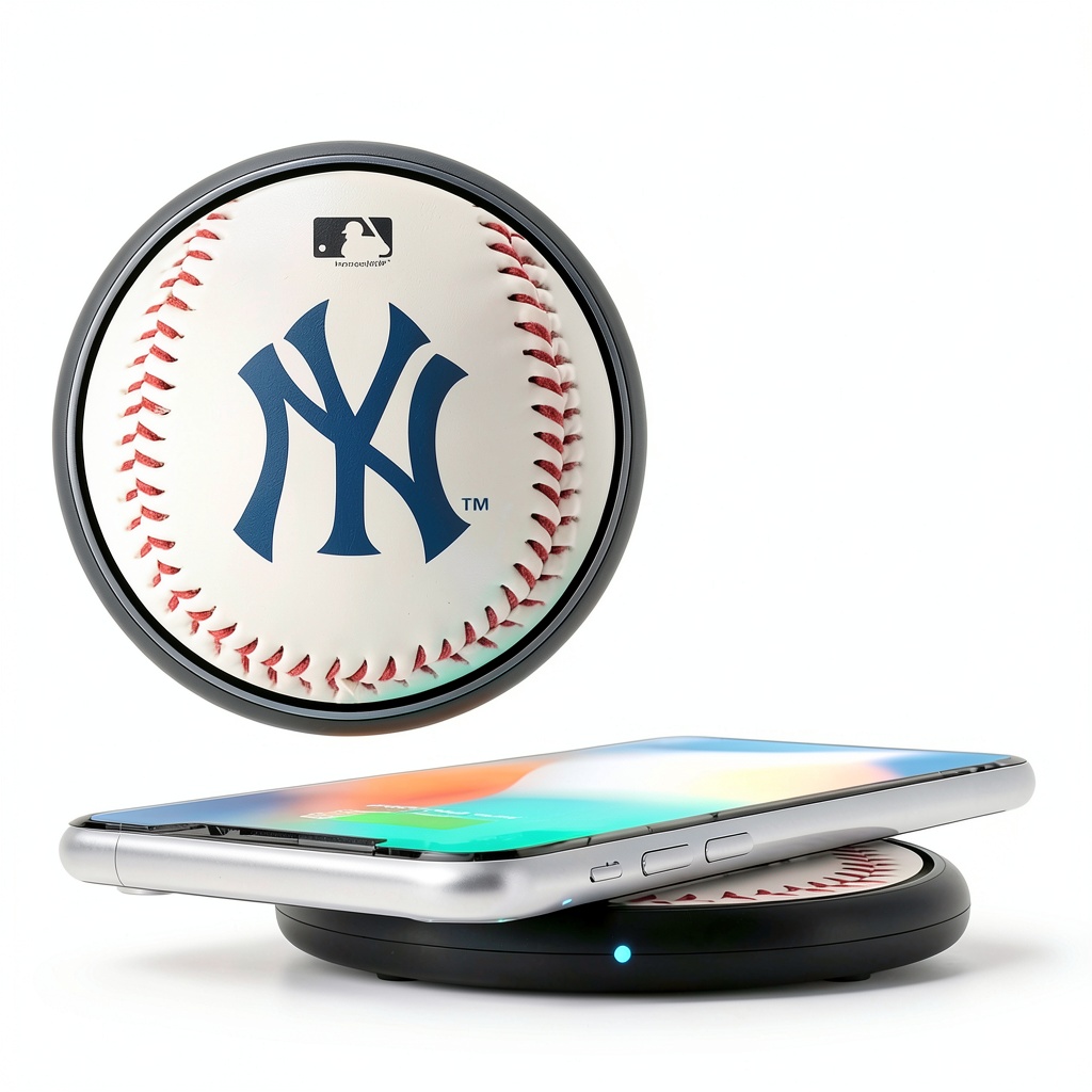 New York Yankees Wireless Charging Pad on a desk with smartphone