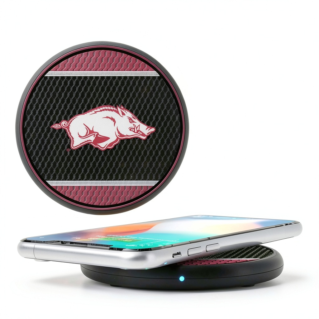 Arkansas Razorbacks Wireless Charging Pad on a desk with a smartphone charging