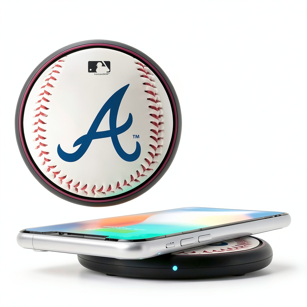 Atlanta Braves Wireless Charging Pad on a desk with a smartphone charging