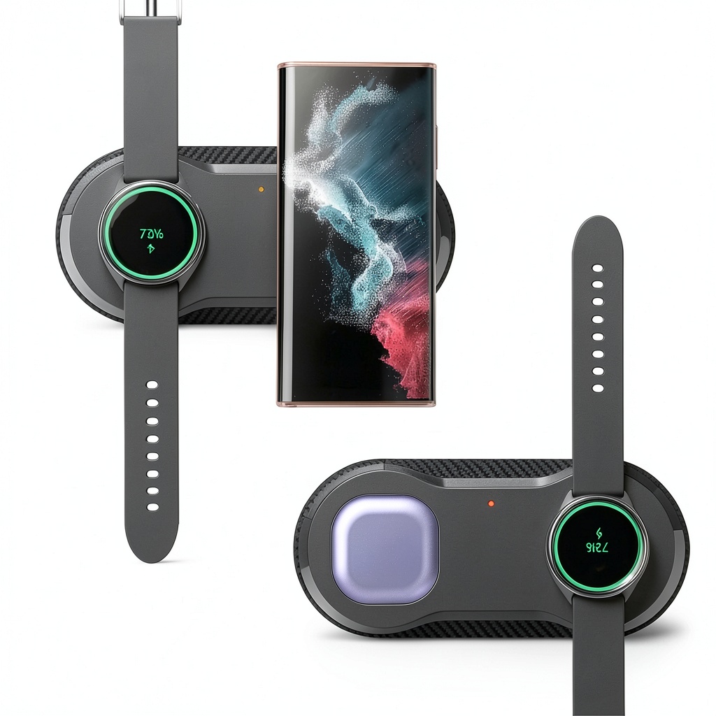 Installing Samsung 15W wireless charger for Galaxy phone and Watch on a wooden desk