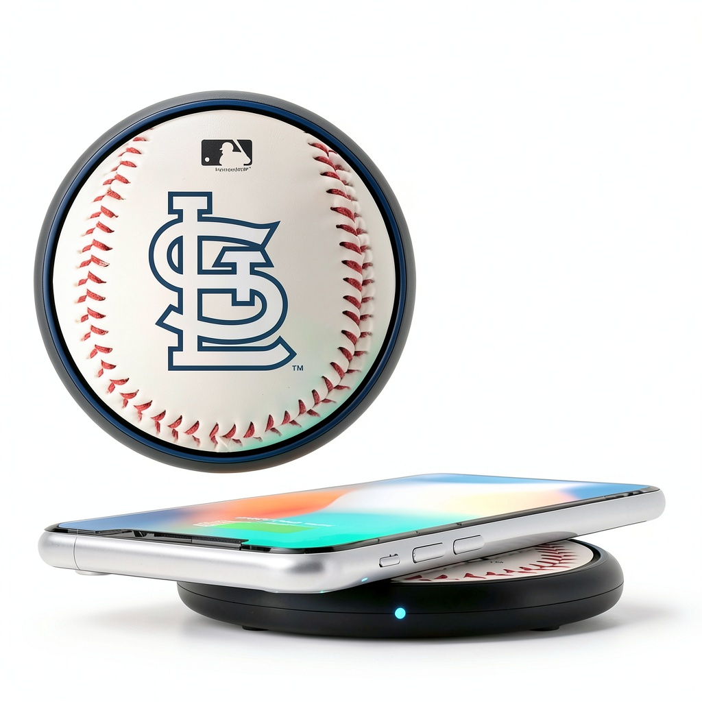 St Louis Cardinals Wireless Charging Pad in use on office desk with smartphone