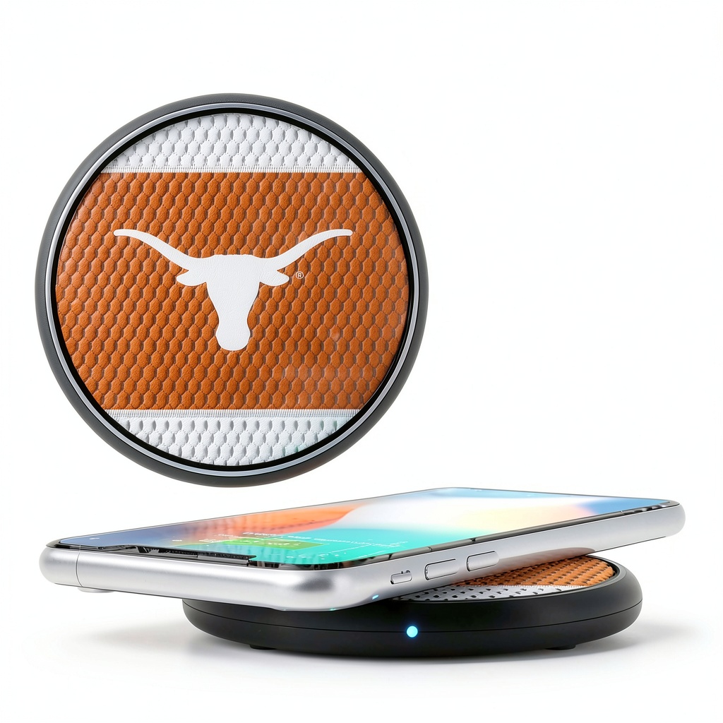 Texas Longhorns wireless charging pad on a desk