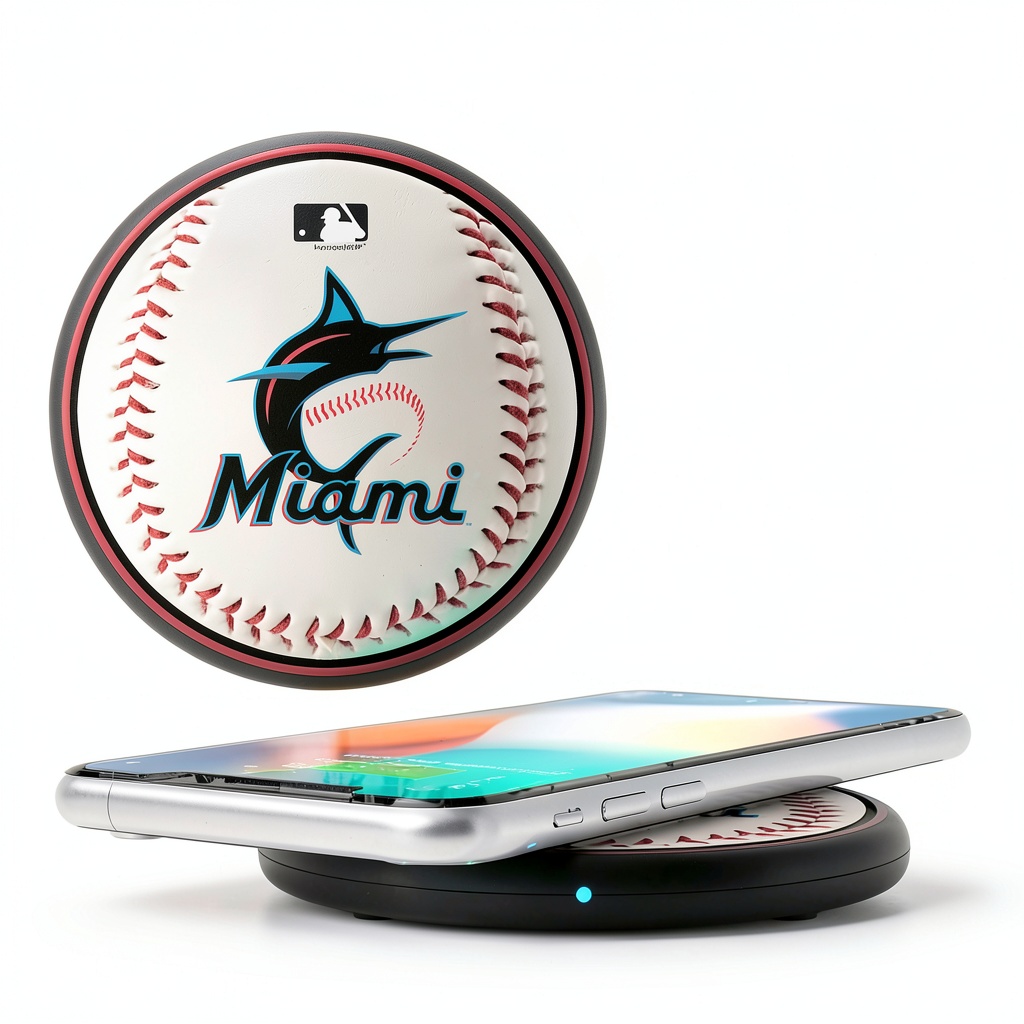 Miami Marlins Wireless Charging Pad on a desk with a smartphone charging