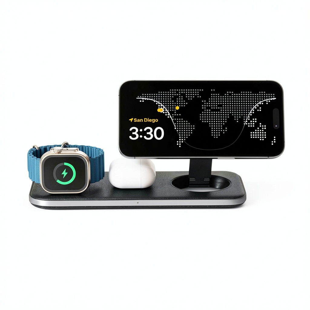 Qi2 Trio Wireless Charging Pad unfolded on a desk with devices charging