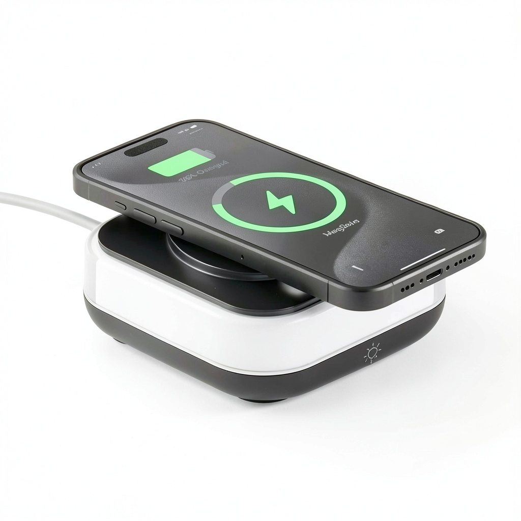 Esoulk Wireless Charging Pad on a nightstand with phone charging