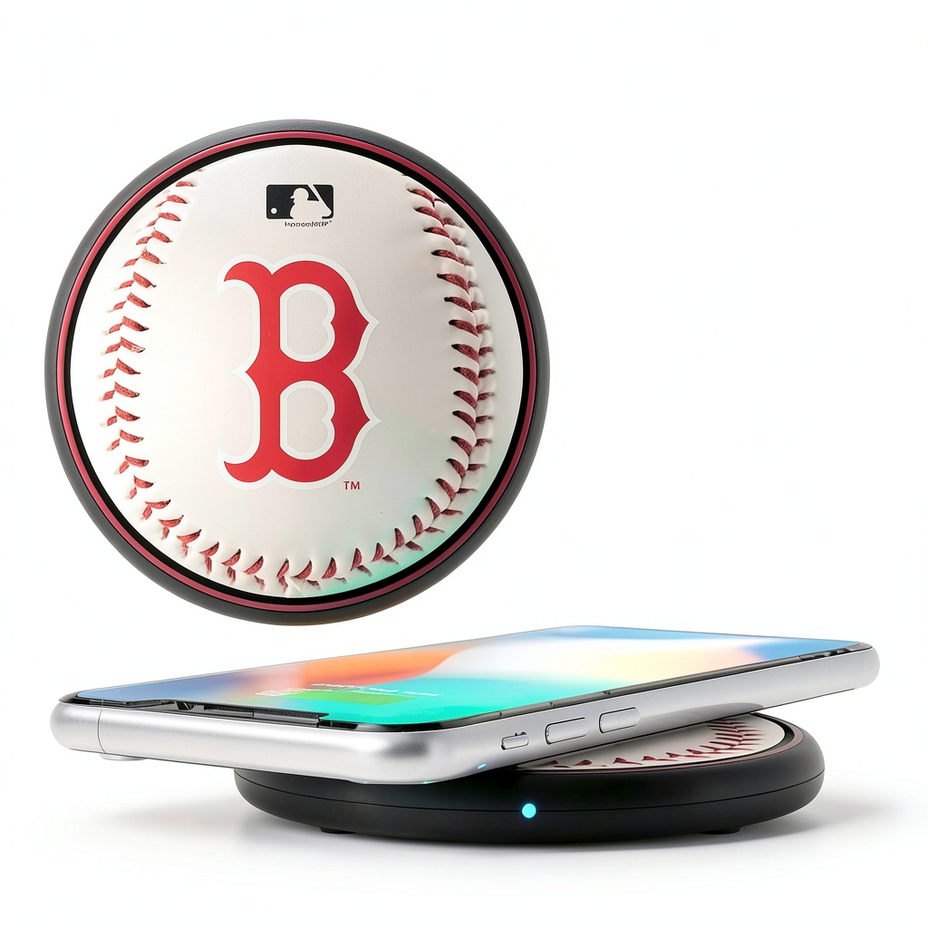 Boston Red Sox wireless charging pad on a desk with smartphone